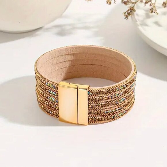 New Rhinestone Gold Cuff Multi Layer Bangle look Boho Chic Bracelet NWT - Picture 5 of 6